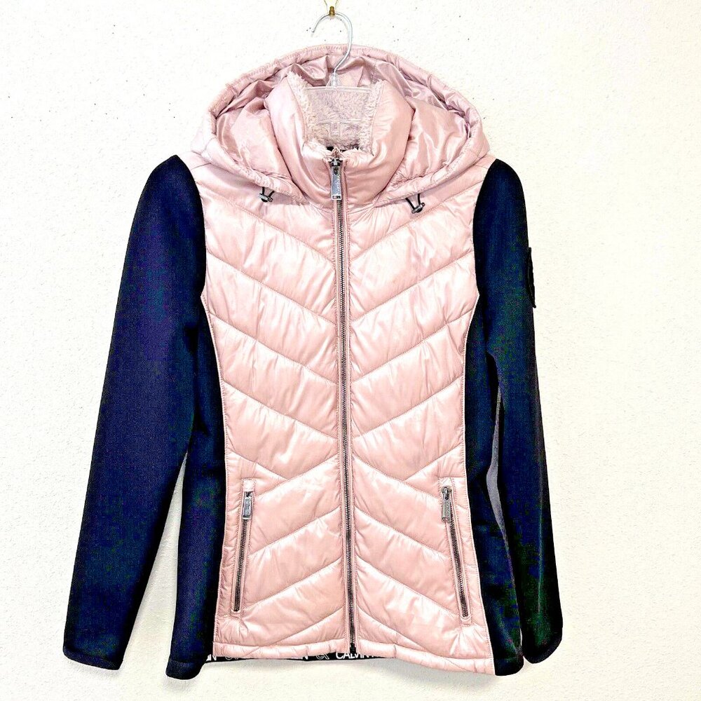 CALVIN KLEIN PERFORMANCE Hooded Puffer Coat Pink Size XS Black Microfiber Sides